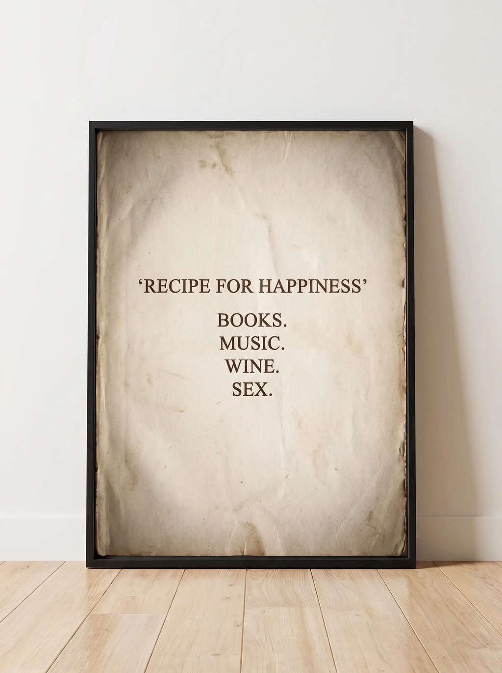 Plakat Recipe for Happiness – vintage typografia, dekoracja ścienna do salonu i sypialni