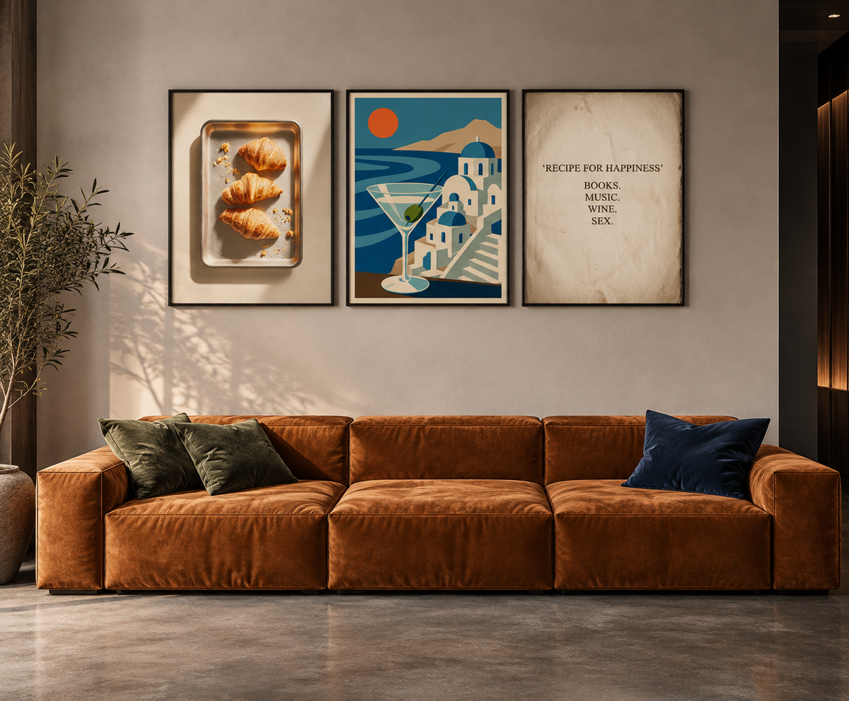 Zestaw Mediterranean Life – 3 plakaty Morning Croissants, Santorini Sunset Cocktail i Recipe for Happiness, 50x70 cm