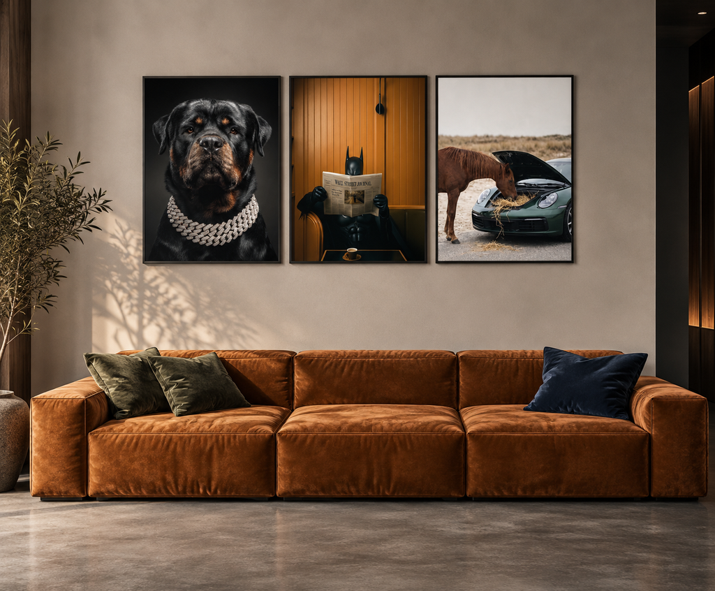 Zestaw Classy – 3 plakaty Eat Well, Finanse w Gotham i Rotweiller Royal, 50x70 cm