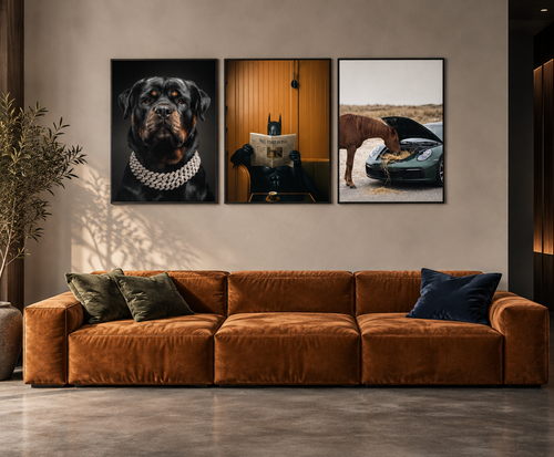 Zestaw Classy – 3 plakaty Eat Well, Finanse w Gotham i Rotweiller Royal, 50x70 cm