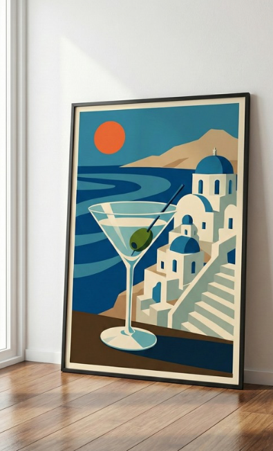 Plakat Santorini Sunset Cocktail – śródziemnomorski klimat, dekoracja ścienna do salonu